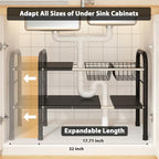 Expandable Under Sink Organizer, 2 Tier Under Sink Shelf with 2 Removable Baskets and 6 Removable Panels for Cabinet Sink Cloakroom Wardrobe Closet Storage(Black, 17.71”-32”Length