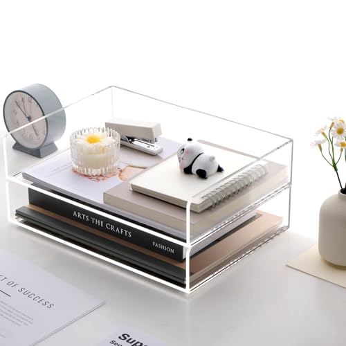 SANRUI Acrylic Paper Tray Organizer for Desk,Desk Organizers and Accessories,2 Pack Stackable Paper Organizer for Letter,Documents,Books,Magazines Crystal-Clear File Organizer - style: A4 Horizontal File Trays 2 Tier