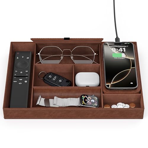Leather Valet Tray with Wireless Charging Pad - Luxury EDC Nightstand Organizer for Men - Premium Desk Tray for Phone, Watch, Glasses & Keys - Sleek Office Desk Accessories & Gift for Him, Brown - color: Brown with Lid