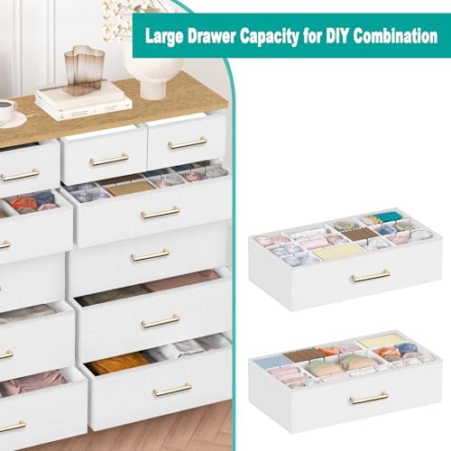 VASICAR White Dresser for Bedroom with 12 Deep Drawers, Wide Chest of Drawers, 55" TV Stand with Retro Wood Top, Tall Fabric Dresser for Closet, Nursery - color: White-retro Top