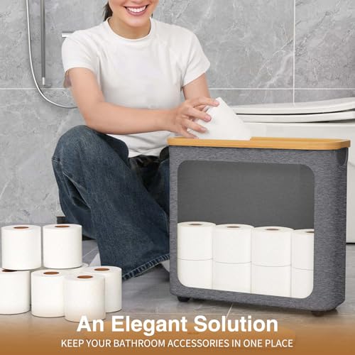 Toilet Paper Storage with Bamboo Lid,Foldable Basket Organizer for Bathroom, Holds 9 Mega/12 Regular Rolls, Waterproof Toilet Paper Holder Storage with Non-Slip Base,Gray - color: Gray