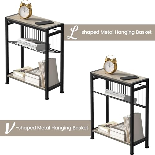 Small Side Table for Small Space, 3-Tier Narrow End Table with Magazine Holder, Slim Nightstand, Skinny Snack Couch Table in Living Room, Bedroom, Study, Kitchen and Balcony (Greige) - color: Greige