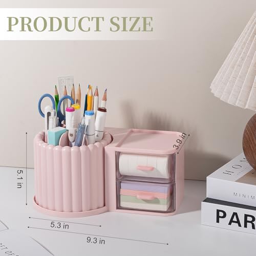 Anyoifax 360° Rotating Pen Holder 7 Slots Desk Organizer with Drawer Removable Pencil Cup Plastic Art Supplies and Accessories Desktop Storage Box Caddy for Office, School, Home (Green) - style: Pink+Drawer