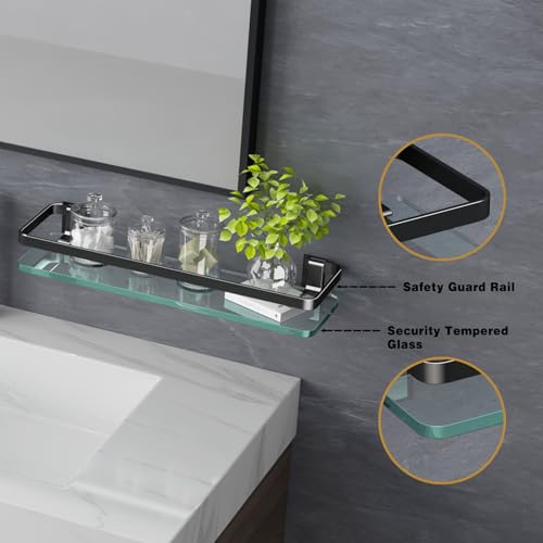 VOLPONE Bathroom Wall Shelf 15.7in Bathroom Glass Shelves Wall Mount Glass Shelf Rustproof Bathroom Wall Organizer 3 Tier (Black) - style: 3 tier without towel bar black