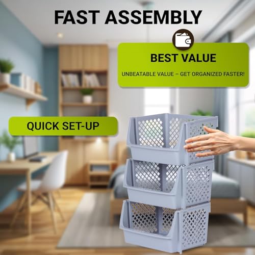 TidyFriend 6 Pack XLarge Plastic Stackable Storage Bins Open Front for Pantry Organizers and Storage, Pantry Storage for Kitchen and Home Organization, Dorm Room Essentials (Light Grey) - color: Light Grey, size: 6 Pack - XLarge