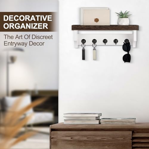 Key and Mail Holder Wall Mount, Key Holder with Shelf and Mail Organizer Wall Mount. Mail Holder with 5 Hooks for Coat, Dog Leash, Home Decor Rack, Entry Way Organizer (Brown & White) - color: Brown & White