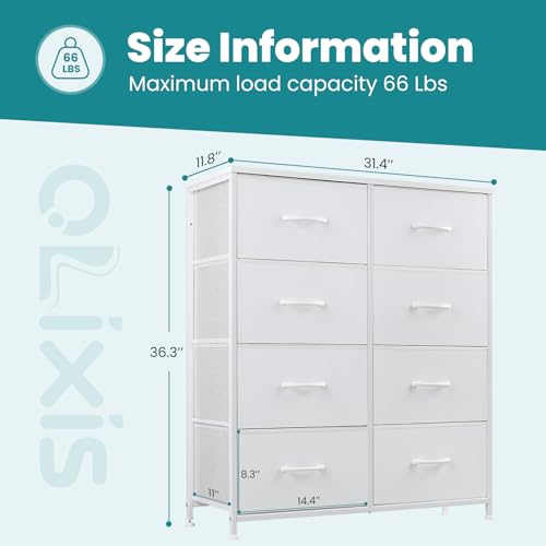 OLIXIS Dresser for Bedroom, 8 Storage Drawers, Tall Large Fabric Storage Tower Organizer, Chest of Drawers with Metal Frame Wooden Top for Nursery, Closet, Living Room, Entryway, Classic White - color: White, size: 11.8"D x 31.5"W x 36.4"H (8 Drawers)