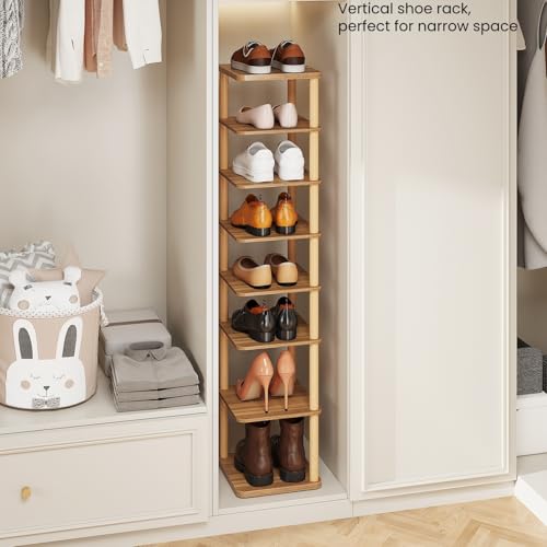 LUCKNOCK Vertical Shoe Rack, 8-Tier Tall Narrow Shoe Organizer for Entryway, Closet, Dorm & Small Spaces, Freestanding Wooden Shoe Shelf Tower for Boots, Sneakers, Heels. (Walnut) - color: Walnut