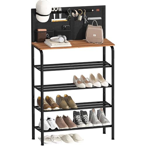 STORAGE MANIAC 5 Tier Shoe Rack for Entryway, Metal Shoe Shelf with Storage Pocket and MDF Top Board, 16-20 Pairs Free Standing Shoes Organizer for Closet, Black