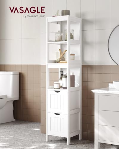 VASAGLE Storage Cabinet, Storage Organizer Rack Stand for Bathroom, Living Room, Multifunctional Corner Unit, 2 Drawers, 55.7 Inches in Height, White UBBC66WT - color: White, size: 55.7"H
