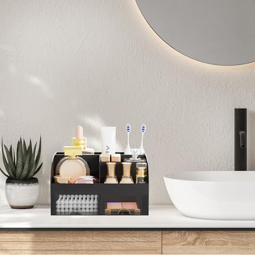 Makeup Organizer with 2 Drawers, Cosmetic Storage for Dresser Vanity and Bathroom Countertop,Make up organization and Skincare Storage with Beauty Brush Holder, Cosmetic Display Case 2Pcs Black - color: 2Pcs Black