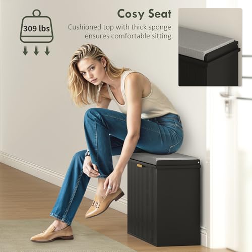 HOMCOM Narrow Shoe Bench with Padded Seat Cushion and Flip-Drawer, Small Entryway Bench Holds up to 265lb, Shoe Cabinet, 24.4x10.2x18.7 Inches, Black - color: Black, size: 24.4" x 10.2" x 18.7"