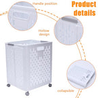 60L Collapsible Laundry Baskets, Plastic Laundry Hamper with Handles, Foldable Laundry Bin, Laundry Basket with Wheels for Laundry Room Organization, Ideal for Clothes, Towels, Blanket, White