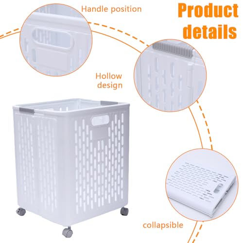 60L Collapsible Laundry Baskets, Plastic Laundry Hamper with Handles, Foldable Laundry Bin, Laundry Basket with Wheels for Laundry Room Organization, Ideal for Clothes, Towels, Blanket, White