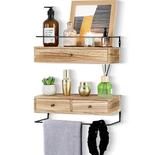 DreamPossible Floating Shelves - Wall Mounted Bathroom Shelf Set of 2 with Drawers, Rustic Wood Shelves for Bedroom, Living Room, Kitchen, Wall Decor, Plants, Books (Brown) - color: Brown, size: 13.8 Inch Long