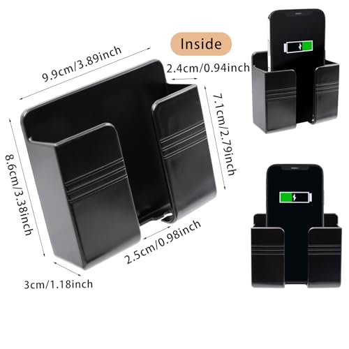 2 Pcs Wall Mount Phone Holder with 3M Adhesive Phone Stand with Data Cable Receiving Hole, Charger Remote Control Storage Box for Bedroom, Kitchen, Bathroom, Office (Black) - color: Black