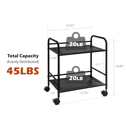 SunnyPoint 2-Tier Metal Rolling Utility Cart – Mobile Storage Shelf with Caster Wheels – Small Space Organizer for Home, Office, Bedroom, Kitchen (BLK) (Pack of 2) - color: Blk, size: 12" x 16.93" x 19.49" (Pack of 2)