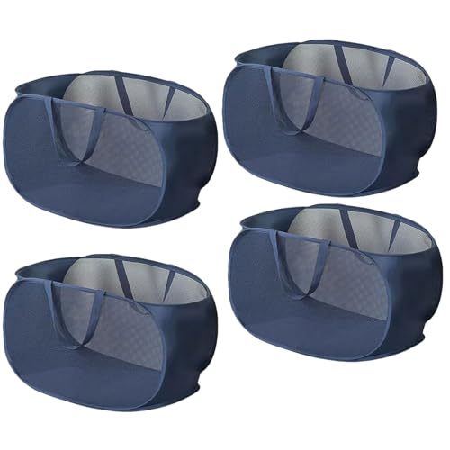 4 Piece Popup Mesh Laundry Basket Durable Handles Collapsible Laundry Baskets Folding Clothes Pastic Hamper for Laundry Room College Dorm (Navy Blue) - color: Navy Blue