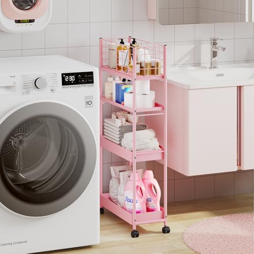 KINGRACK Slim Rolling Storage Cart 4 Tier - Heavy Duty Metal Utility Cart with Raised Edge & Wheels, Narrow Mobile Organizer Shelves for Bathroom, Kitchen, Laundry, Office, Living Room, Pink - color: Pink, size: 4-Tier