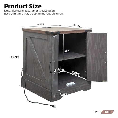 Farmhouse End Table with Charging Station, Rustic Wood Nightstand with Adjustable Shelf, 19.6"W Versatile Walnut Sofa Side Table with Barn Doors and Retro Hinges for Bedroom, Living Room (Grey-kk025) - color: Grey-kk025
