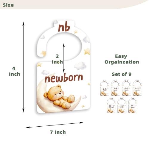 JMOST Bear Baby Closet Dividers for Nursery Closet Organizer, Newborn to 24 Months Size Clothes, Bear Moon Hangers with Size Dividers, Double Sided - color: Brown