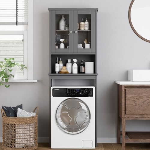 Shintenchi Over the Toilet Storage Cabinet, Bathroom Shelf Organizer with Anti-Tip Device Small Freestanding Space Saver with Adjustable Shelf and Glass Door, Gray - color: Grey, size: Glass Door