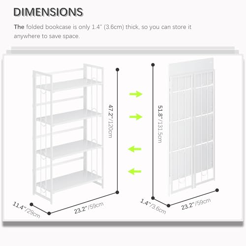 4NM No Assembly 4 Tiers Folding Bookshelf, 47.2" H Foldable Storage Shelves Vintage Bookcase Standing Racks Study Organizer Home Office - All White - color: All White, size: 4-Tier