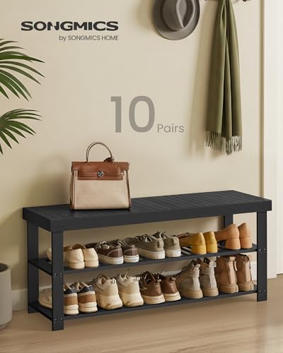 SONGMICS Shoe Rack Bench, 3-Tier Bamboo Shoe Storage Organizer, Entryway Bench, Holds Up to 286 lb, 11.3 x 42.9 x 17.8 Inches, for Entryway Bathroom Bedroom, Ink Black ULBS110B101 - color: Ink Black, size: 42.9"W