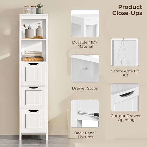 Yaheetech 56” Tall Bathroom Storage Cabinet, Slim Storage Organizer with 3 Drawers & 2 Shelves, Narrow Freestanding Floor Cabinet for Living Room/Hallway/Corner/Small Space, White - color: White, size: 56"H