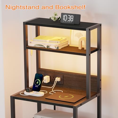Furnulem Night Stand, Tall Nightstand with 4-Tier Shelves, 2 Fabric Drawers and Led Lights, Bed Side Tables with Charging Station, Bedside Table for Bedroom, Office, Black Oak | 4-Tier Shelves, 2 Fabric Drawers, Light Tube, Bed Side Tables, Charging Stati
