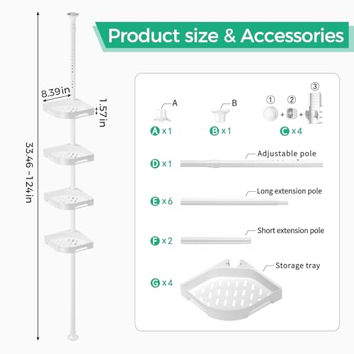 shuang qing 4-Tier Corner Shower Caddy Tension Pole Organizer - Adjustable Rustproof Metal Tension Pole, Plastic Shelves with Safety Guardrail, Bathroom Storage for Shower & Bathtub(White) - color: White, size: No Rotation