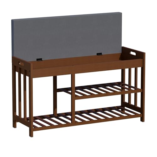 Shoe Rack Bench with Cushion,2 Tiers Shoe Bench with Flip-Top Storage,Wood Shoe Rack for Entryway, Hallway, Bedroom, Front Door Entrance (Brown) - color: Brown