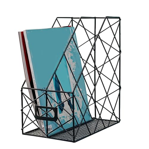 Modern Geometric Metal File Organizer for Desk, 8"×10"×12" Iron Mesh Magazine Holder, Desktop Document Rack Storage for Office Supplies, Vertical Book Stand File Folder Rack (Black) - color: Black