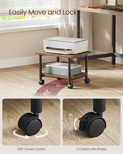VASAGLE Printer Stand with Locking Wheels, Industrial Mobile Cart, Under Desk Printer Table for Home Office, 18.9 x 15.7 x 13.4 Inches, Storage Shelf, 2-Tier, Rustic Brown and Ink Black - color: Rustic Brown + Ink Black, size: 2 Tiers/Compact