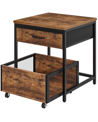 CHOEZON End Table, 19.7 Inch Square Side Table, Mini Fridge Stand with Storage, Nightstand with Mobile Basket Cart, for Living Room, Bedroom, Rustic Brown and Black TBZ55BF - color: Rustic Brown + Black
