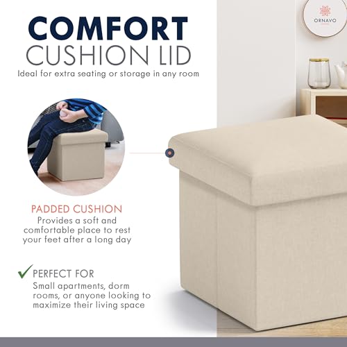Ornavo Home Small Storage Ottoman Foldable Collapsible Cube Square Linen Ottoman Foot Rest Stool Seat, for Living Room, Bedroom, Home Office, Dorm - 12 x 12 x 12, Beige - color: Beige