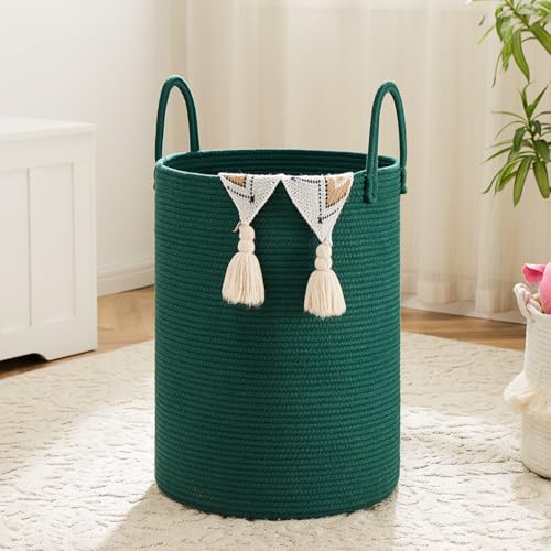 Artfeel Laundry Basket,Woven Cotton Rope Laundry Hamper,40L for Decorative Storage of Dirty Clothes,Toys and Blankets in Bathroom,Baby Room and Living Room - color: Dark green, size: 40L