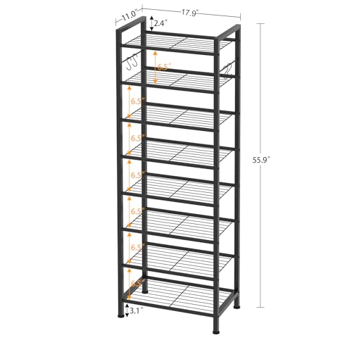 8 Tiers Narrow Shoe Rack 16-24 Pairs, Sturdy Metal Tall Shoe Rack with 4 Hooks, Slim Shoe Storage Organizer with Metal Shelf, Space Saving Vertical Shoe Shelf for Entryway, Closets, Black - color: Black