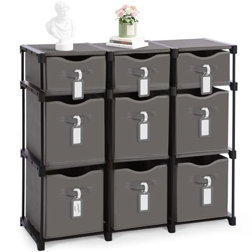 9 Cube Storage Organizer Shelf with Storage Bins and Label, 11 Inch Toy Cube Bins Clothes Closet Organizers Drawers Fabric Dresser for Living Room, Bedroom, Playroom, Dorm(Gray) - color: Gray