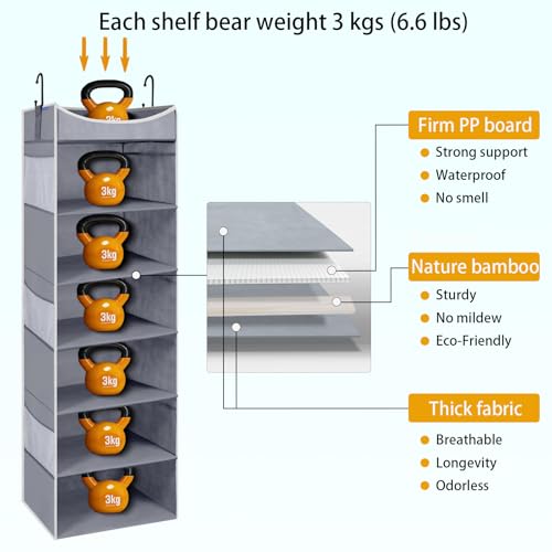 6-Shelf Hanging Closet Organizer and Storage with 6 Side Pockets, Collapsible Closet Hanging Shelves for Storage, Grey - size: 6-shelf