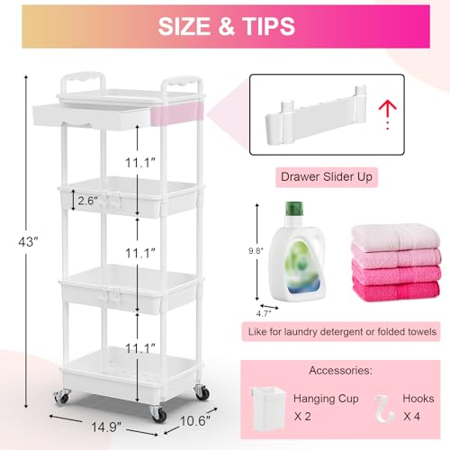Goovilla 4 Tier Rolling Utility Cart Organizer with Removable Drawer, Stable and Sturdy White Rolling Storage Carts with 2 Lockable Wheels for Bathroom, Kitchen, Snack, Craft, Makeup, Baby Essentials - size: 4 Tier, style: White