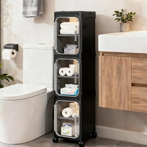 3-Tier Slim Narrow Storage Cabinet with Adjustable Shelves and Movable Wheels, Anti-Tip, Bathroom Storage and Organizers for Small Space, Bathroom, Kitchen, Laundry, Black - color: Black, size: 3-Tier