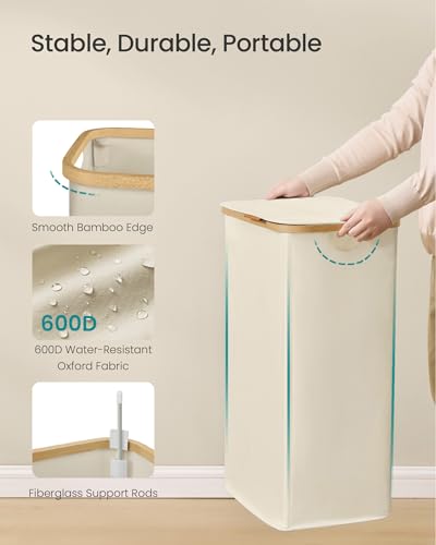 SONGMICS Laundry Hamper, Laundry Basket with Lid, Foldable Storage Basket, Bamboo Frame, for Bedroom, Living Room, Oxford Fabric, 26.4 Gal. (100 L), Cream White ULCB518WD01 - color: Cream White, size: 100 L (1-Section)
