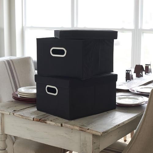 Household Essentials Fabric Storage Boxes with Lids and Handles, Black - color: Black, size: 2 Count
