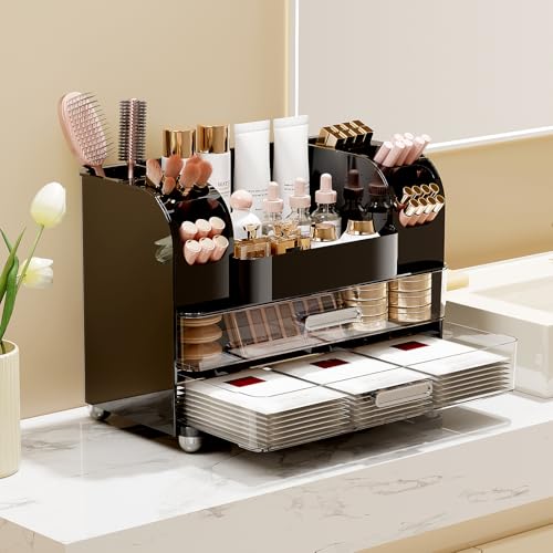 Makeup Organizer for Vanity with 2 Large Drawers, Cosmetic Display Case with Brush Holders, Easy to Storage for Bathroom Countertop Skincare, Perfume, Black - color: Black