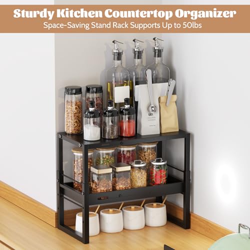 Adjustable Kitchen Countertop Organizer, 2-Tier Expandable Cabinet Counter Shelves, Heavy Duty Steel Pantry Organizers and Storage Shelf Rack Stand Riser, Adjustable Length & Height, Black