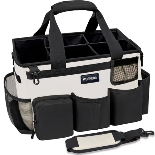 Wearable Cleaning Caddy Bag,Cleaning Supply Tote for Cleaning Supplies, Cleaning Organizer with Adjustable Shoulder and Waist Straps for Cleaners Housekeepers (Black-White, Large) - color: Black-White, size: Large