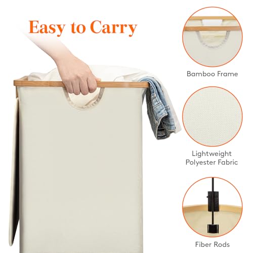 Lifewit 150L Double Laundry Hamper with Lid, Large Laundry Basket with Removable Bag & Bamboo Handles, Fodable Tall Dirty Clothes Hamper for Laundry Collapsible Bin for Bathroom Bedroom Dorm, Beige - color: Beige, size: 150L
