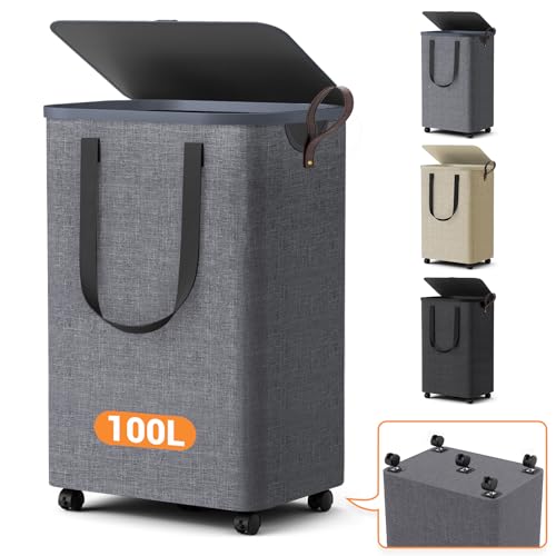 Laundry Basket with 5 Wheels, Tall Dirty Laundry Hamper, Rolling Laundry Basket with Lid, Large 100L Collapsible Clothes Hamper for Laundry Room Bedroom Bathroom Dorm, Light Gray - color: Light Gray, size: 100L