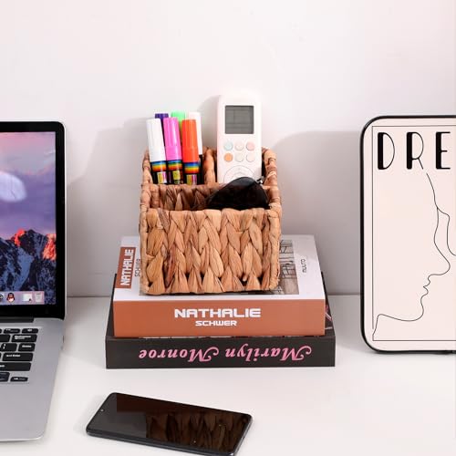 Wicker Remote Control Holder Hand Woven Water Hyacinth Storage Basket with 3 Compartments,Cosmetic Storage Box for Desk,Home Organization
